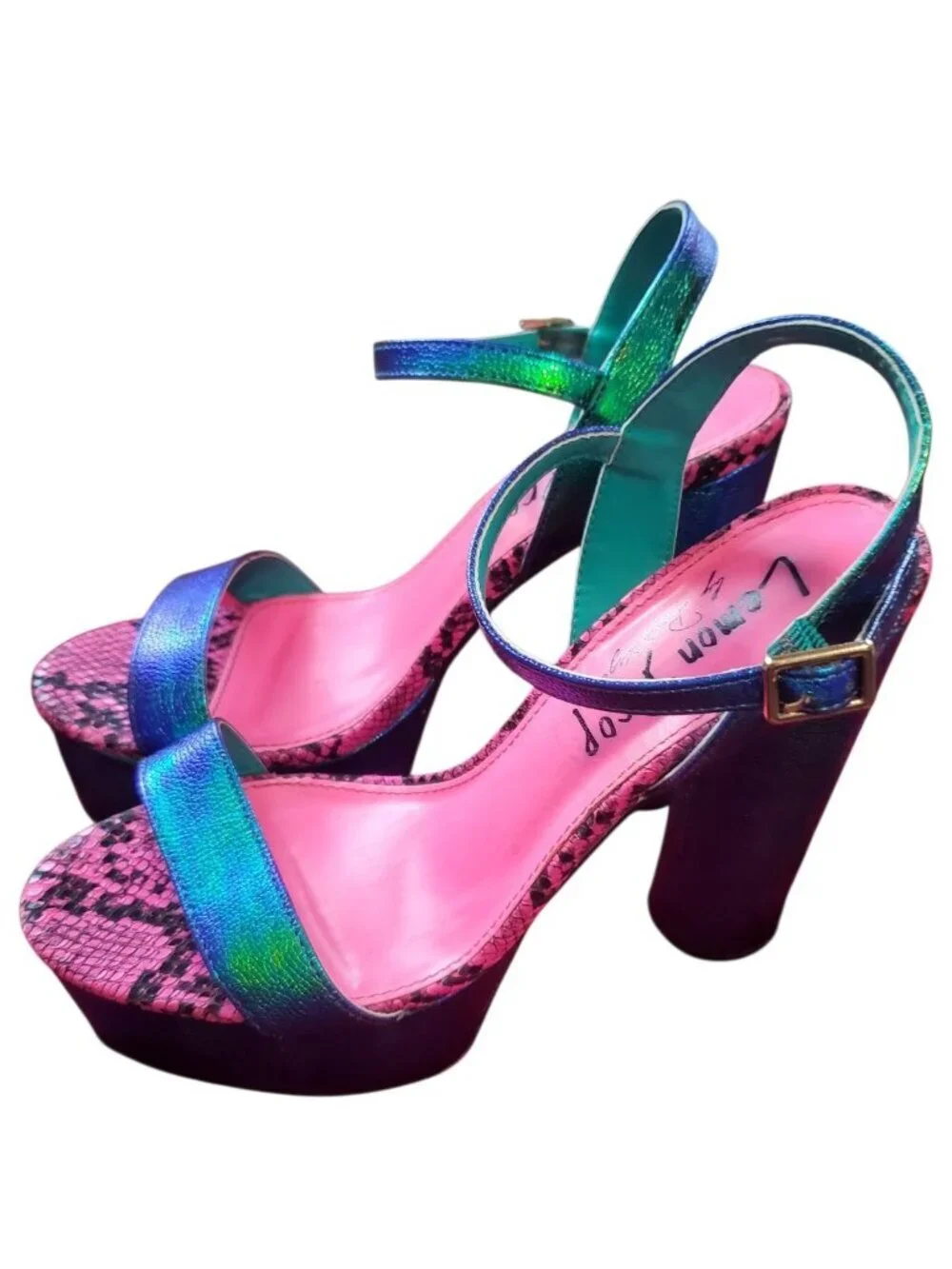 Lemon drop Holographic Platform Heels W/Snake Print Tim Multicolor Size 10